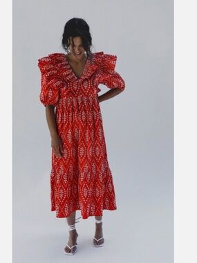 Zara Red Patterned Ruffled Midi Dress